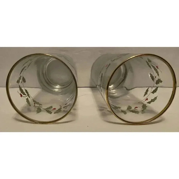Lenox Holly & Berry Holiday Tall Glass Gold Trim Set Of 2 6.25”H x 2 7/8”W - Picture 3 of 8